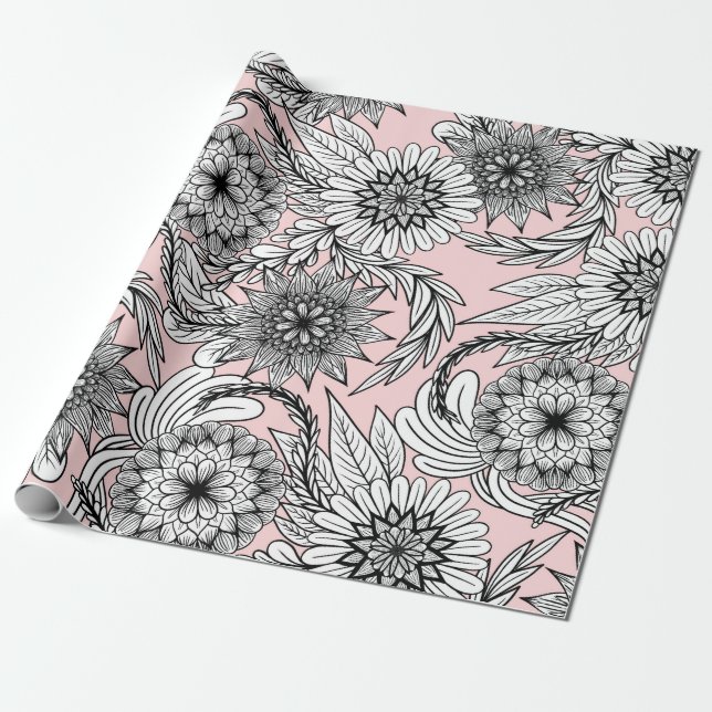 Girly Modern Rosa Black White Blommigt Teckning Presentpapper (Utrullad)