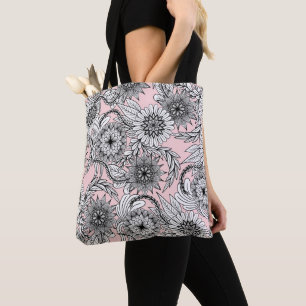 Girly Modern Rosa Black White Blommigt Teckning Tygkasse
