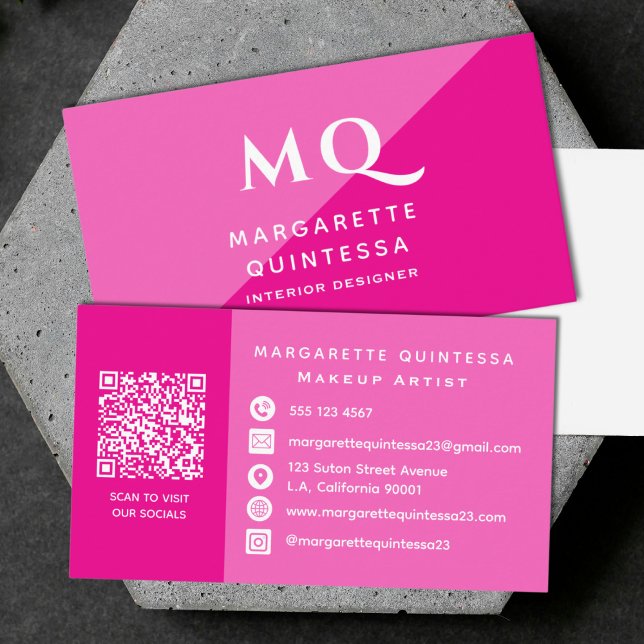 Girly Modern Rosa Feminine Chic Monogram QR-kod Visitkort (Skapare uppladdad)