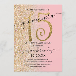 Girly Modern Rosa Guld Glitter Ombre Quinceañera Inbjudningar