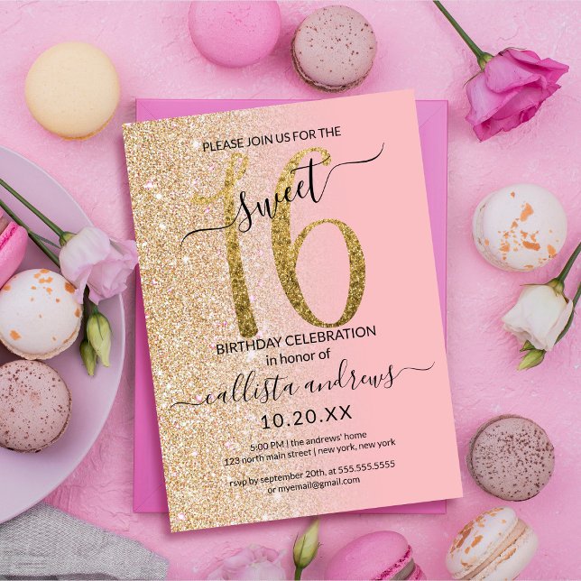 Girly Modern Rosa Guld Glitter Ombre Sweet 16 Inbjudningar (Skapare uppladdad)