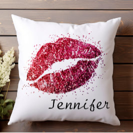 Girly Modern Rosa Red Glitter Kiss Läppar Kudde