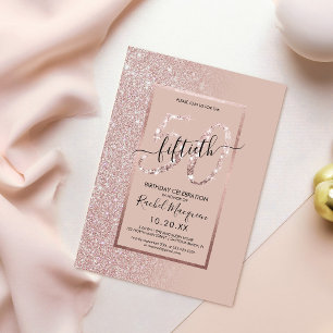 Girly Modern Rosa ros Guld Glitter 50:e födelsedag Inbjudningar