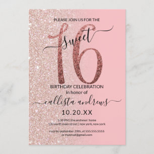 Girly Modern Rosa ros Guld Glitter Ombre Sweet 16 Inbjudningar