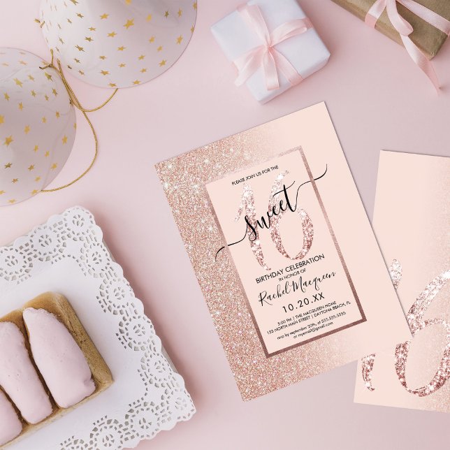 Girly Modern Rosa ros Guld Glitter Ombre Sweet 16 Inbjudningar (Skapare uppladdad)