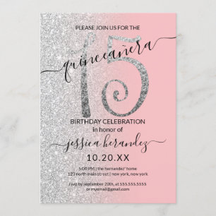 Girly Modern Rosa Silver Glitter Ombre Quinceañera Inbjudningar