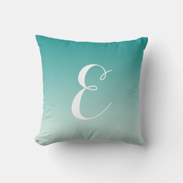 Girly Modern Teal Aqua Ombre Anpassningsbar Monogr Kudde (Framsida)