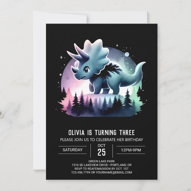 Girly Modern Triceratops Birthday Inbjudningar (Framsida)