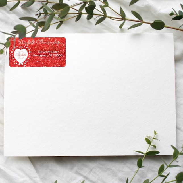 Girly Monogram Coral Glitter Bokeh Heart Dots Adressetikett (faux orange glitter address label used as a return address label)