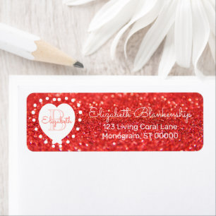 Girly Monogram Coral Glitter Bokeh Heart Returadress Etikett