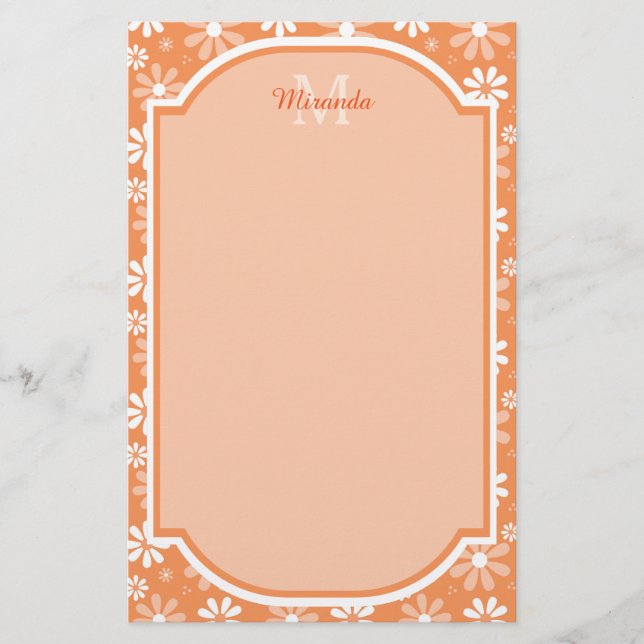 Girly Monogram Cute Orange Daisy Flowers och Namn Brevpapper (Framsida)