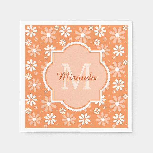 Girly Monogram Cute Orange Daisy Flowers och Namn Pappersservett (Framsidan)