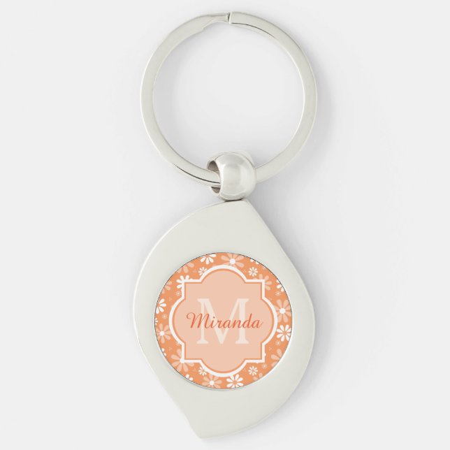 Girly Monogram Cute Orange Daisy Flowers och Namn Swirl Silverfärgad Nyckelring (Framsidan)