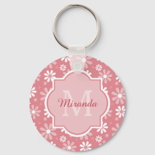 Girly Monogram Cute Rosa Daisy Flowers och Namn Nyckelring