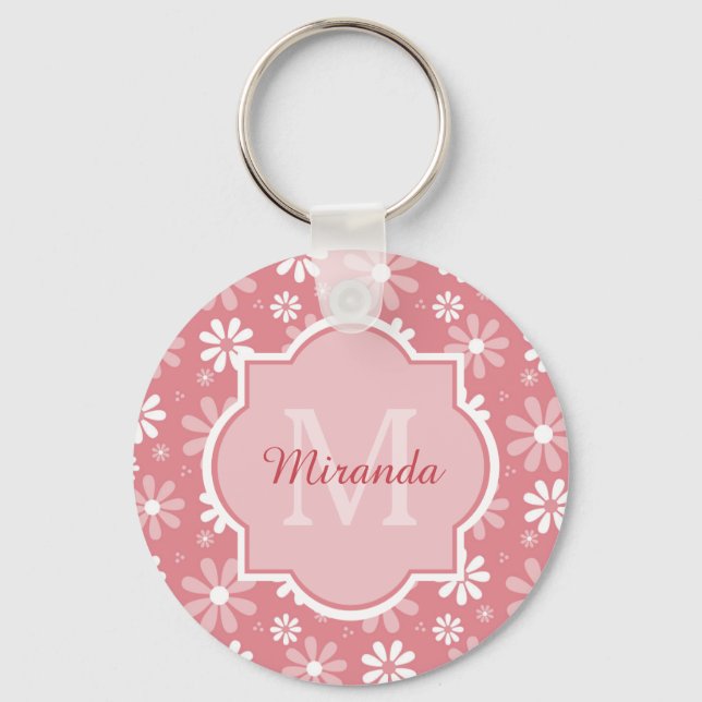 Girly Monogram Cute Rosa Daisy Flowers och Namn Nyckelring (Framsida)