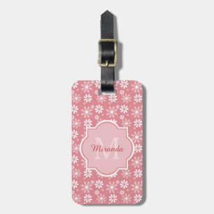 Girly Monogram Cute Rosa Daisy Flowers with Namn Bagagebricka
