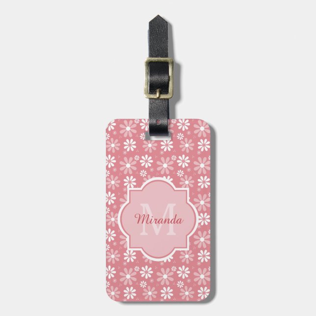 Girly Monogram Cute Rosa Daisy Flowers with Namn Bagagebricka (Vertikal Framsida)
