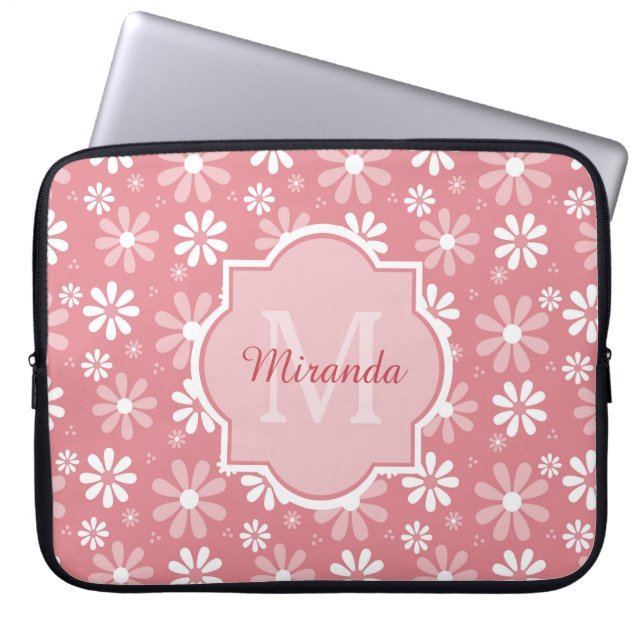 Girly Monogram Cute Rosa Daisy Flowers with Namn Laptop Sleeve (Framsidan)