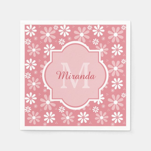 Girly Monogram Cute Rosa Daisy Flowers with Namn Pappersservett (Framsidan)