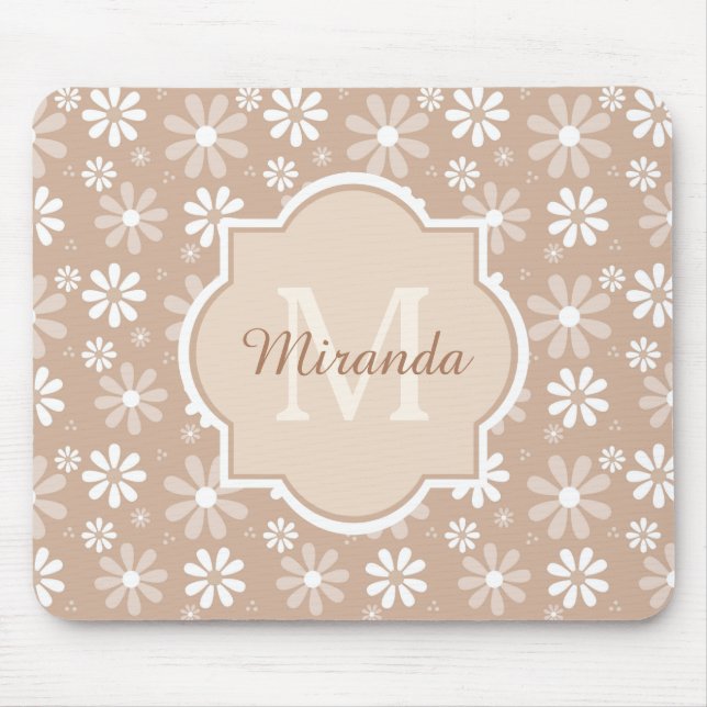 Girly Monogram Cute Tan Daisy Flowers och Namn Musmatta (Framsidan)