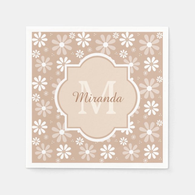 Girly Monogram Cute Tan Daisy Flowers och Namn Pappersservett (Framsidan)
