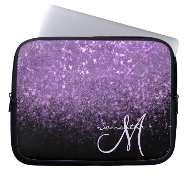 Girly Monogram Lila Glitter Gnistra & Black Laptop Fodral (Framsidan)