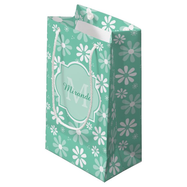 Girly Monogram Mint White Daisy Flowers with Namn (Framsidan Vinklad)