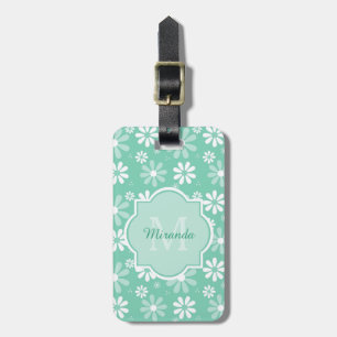 Girly Monogram Mint White Daisy Flowers with Namn Bagagebricka