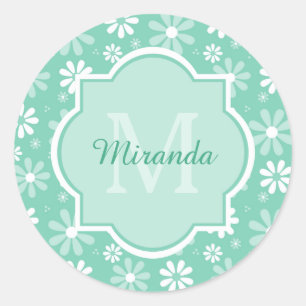 Girly Monogram Mint White Daisy Flowers with Namn Runt Klistermärke
