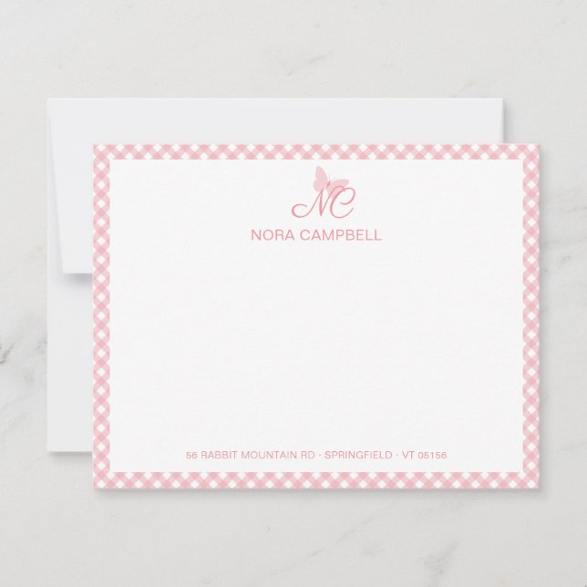 Girly Monogram Namn Peach Rosa Gingham Gräns Anteckningskort (Framsida)