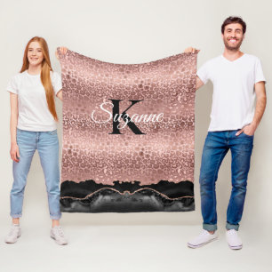 Girly Monogram Ro Guld Leopard och svart marmor Fleecefilt