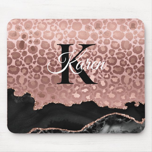 Girly Monogram Ro Guld Leopard och svart marmor Musmatta (Framsidan)