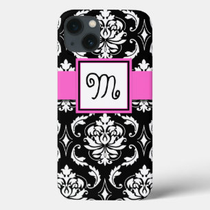 GIRLY MONOGRAM, ROSA, BLACK DAMASK PATTERN