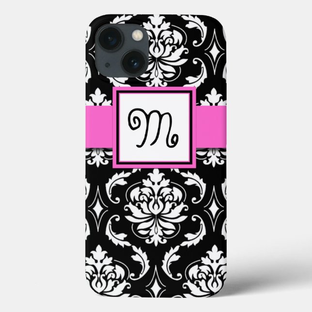 GIRLY MONOGRAM, ROSA, BLACK DAMASK PATTERN (Baksida)