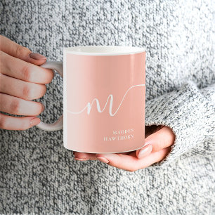 Girly Monogram Script Calligraphy Coral Rosa Kaffemugg