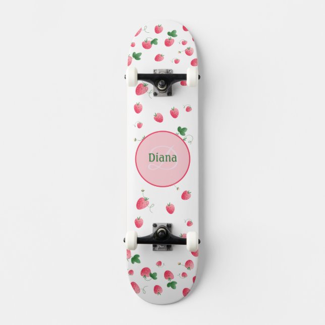 Girly Monogram, söta jordgubbar med namn Mini Skateboard Bräda 18,5 Cm (Framsida)