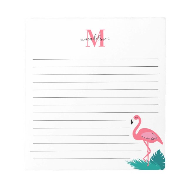 Girly Monogram Tropical Löv Rosa Flamingo Lining Anteckningsblock (Framsida)