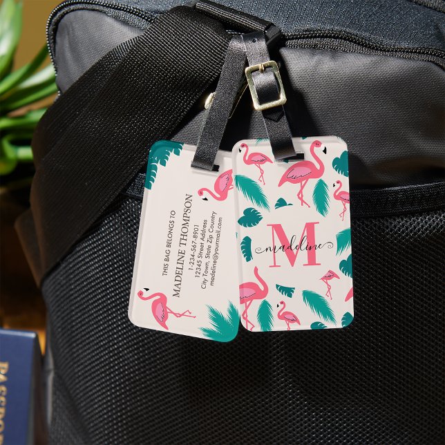 Girly Monogram Tropical Löv Shock rosa Flamingo Bagagebricka (Skapare uppladdad)
