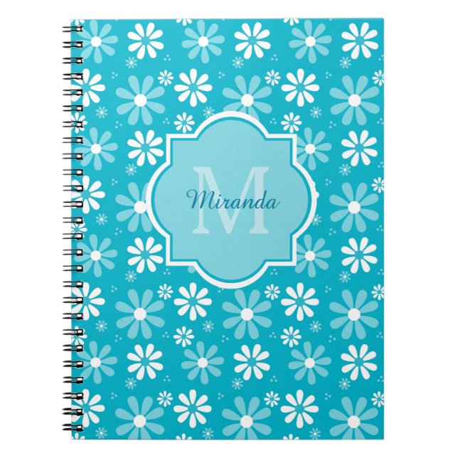 Girly Monogram turcoise Daisy Flowers with Namn Anteckningsbok Med Spiral (Framsidan)
