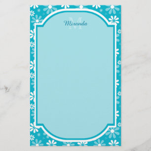Girly Monogram turcoise Daisy Flowers with Namn Brevpapper