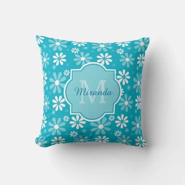 Girly Monogram turcoise Daisy Flowers with Namn Kudde (Framsida)
