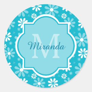 Girly Monogram turcoise Daisy Flowers with Namn Runt Klistermärke