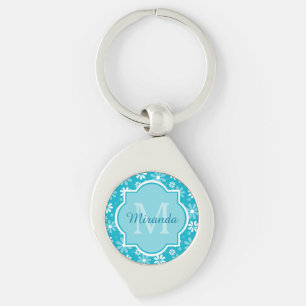 Girly Monogram turkos Daisy Flowers with Namn Swirl Silverfärgad Nyckelring
