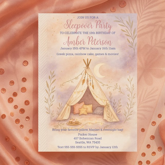 Girly Mysiga Tält Måne och Stars Boho Födelsedagsf Inbjudningar (Girly Cozy Tent Moon and Stars Boho Birthday Party Invitation)