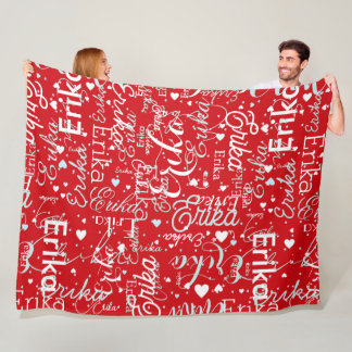 Girly Name & Hearts Repeated on Red Fleecefilt