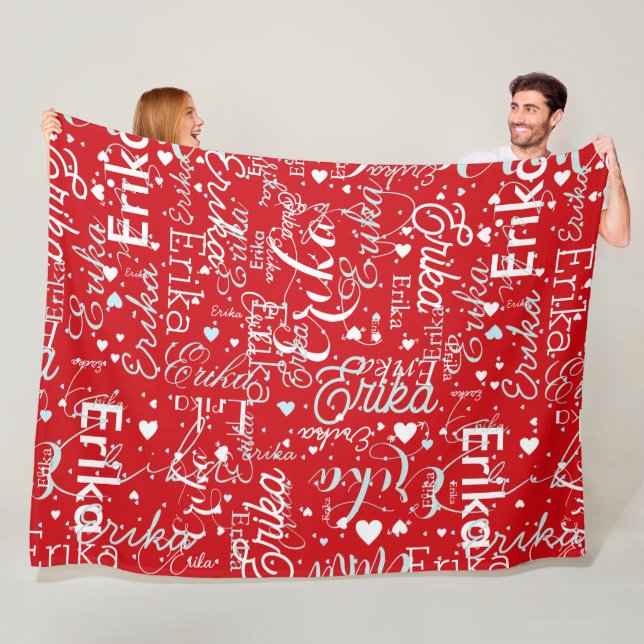 Girly Name & Hearts Repeated on Red  Fleecefilt (På plats)