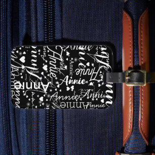 Girly Namn Hearts and Stars Black and White Bagagebricka