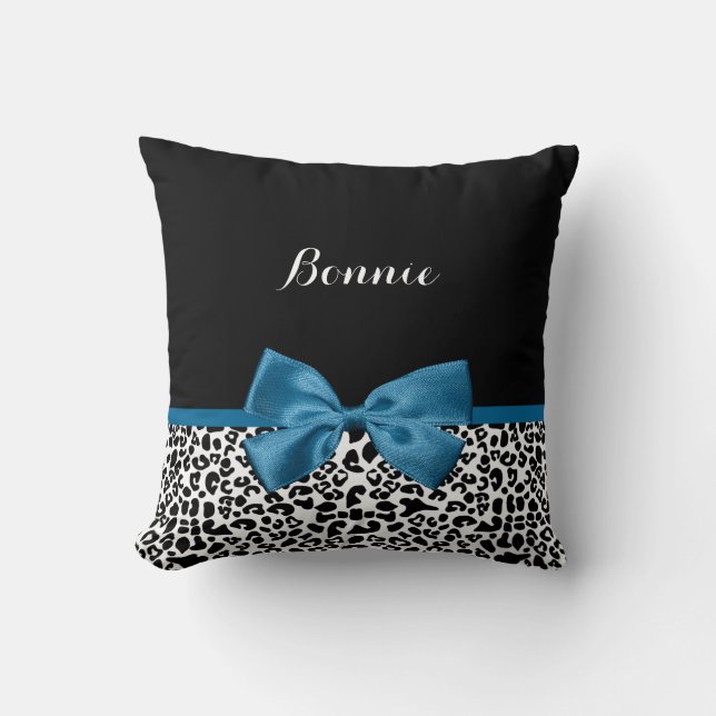Girly Namn Leopard Skriv ut Söt Cobalt Blue Ribbon Kudde (Framsida)