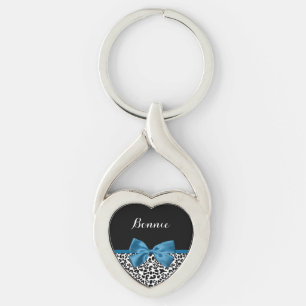 Girly Namn Leopard Skriv ut Söt Cobalt Blue Ribbon Twisted Heart Silverfärgad Nyckelring
