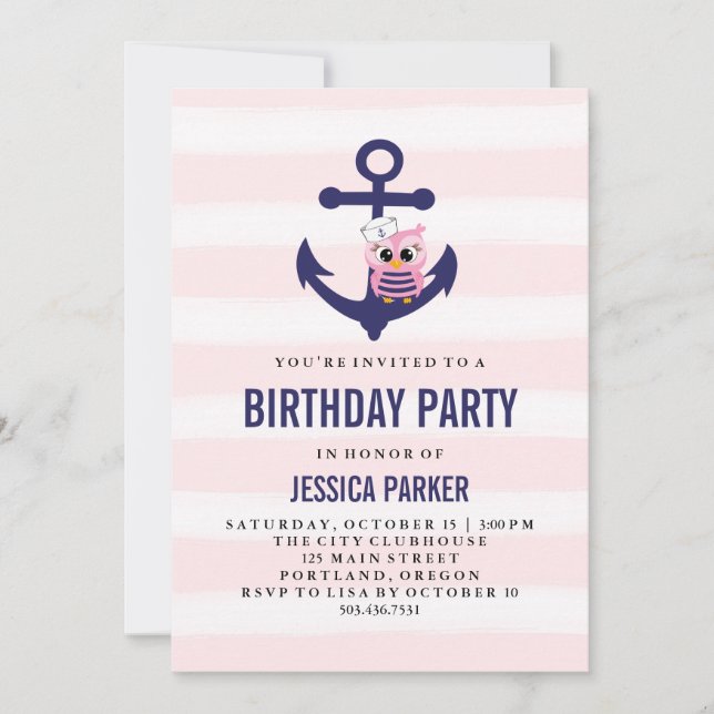 Girly Nautical Anchor med Uggla och Rand Birthday Inbjudningar (Framsida)